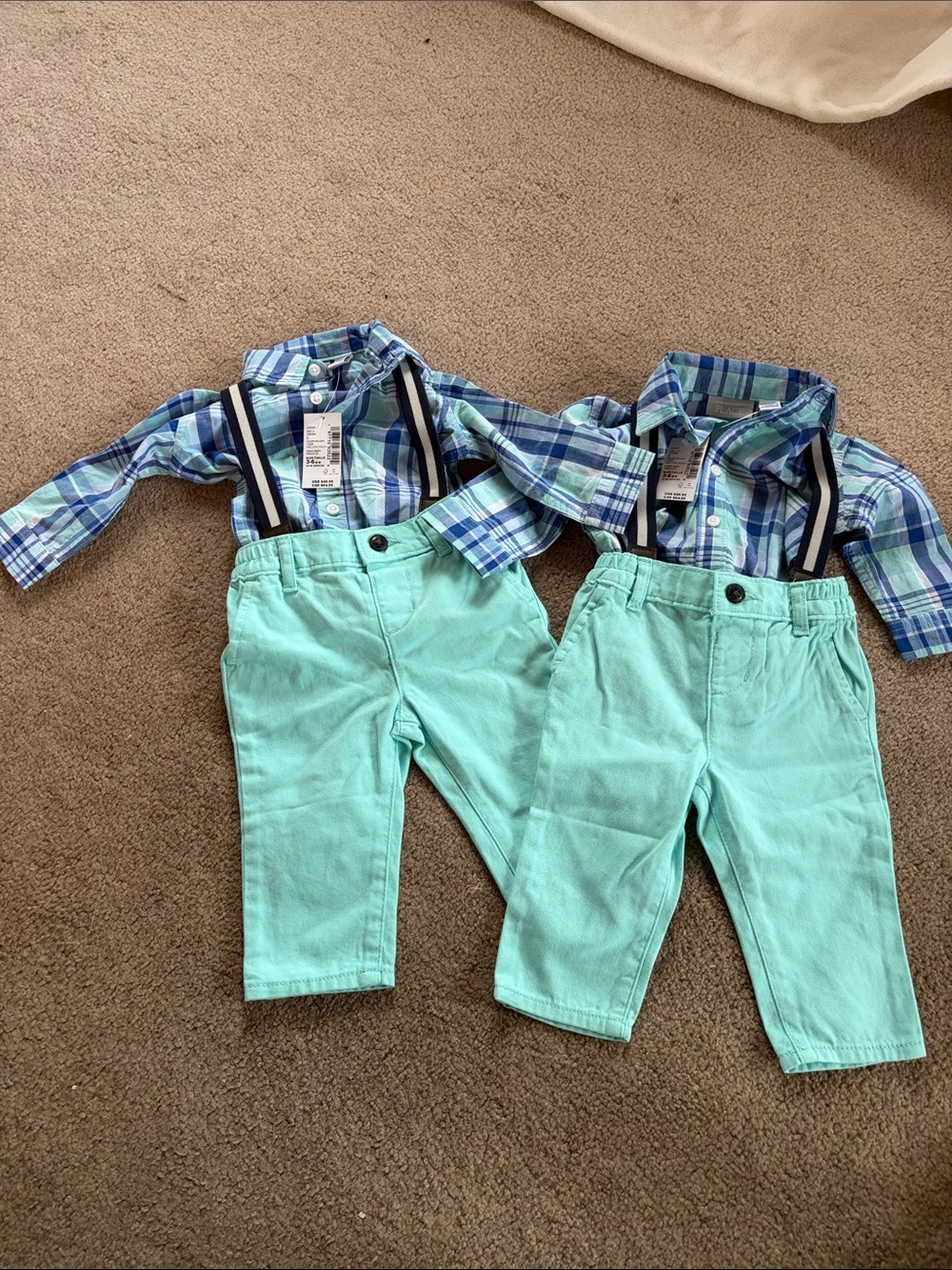 Adorable Boys Blue Plaid Shirt With Suspenders & Turquoise Jeans